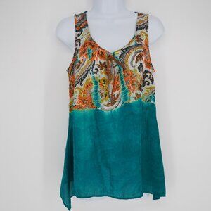 Language Womens Silk Tank Top Small Boho Colorful Lightweight Shark Bite Hem Tie